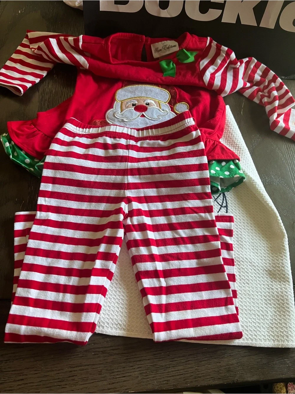 Rare Editions Red & White Striped Santa Pajama Set with Green Accents